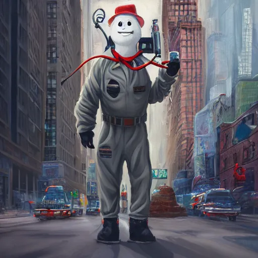 Prompt: the ghostbusters marshmallow man wearing timberlands and a yankee hat smoking a joint walking threw new york city, highly detailed portrait, digital painting, artstation, concept art, smooth, sharp foccus ilustration, artstation hq
