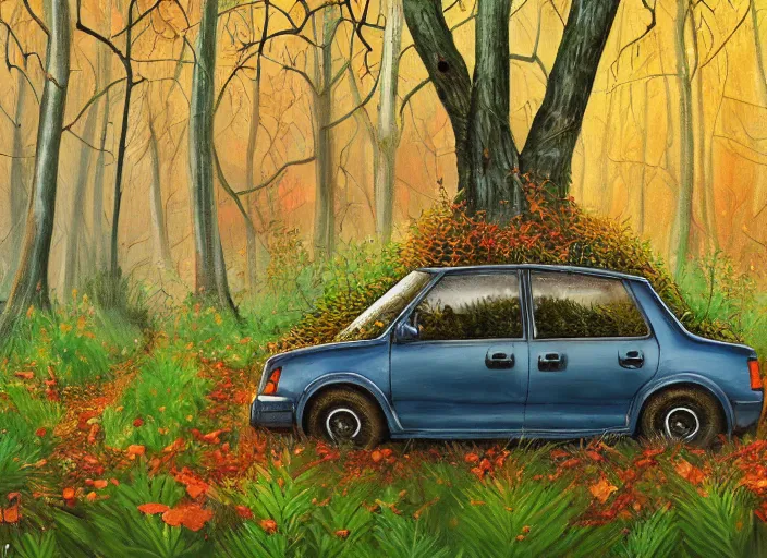 Image similar to A painting of an overgrown car in a forest, vines coming down from the tall trees, autumn, rocky ground, digital art, trending on Artstation, immaculate scale, amazing composition, cartoon illustration