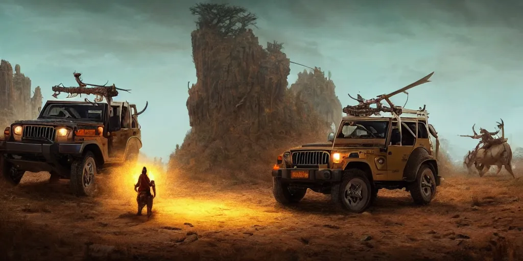 Image similar to Mahindra thar, tribe members attacking, action scene, an epic fantasy, dramatic lighting, cinematic, establishing shot, extremely high detail, photorealistic, cinematic lighting, artstation, octane render, by simon stalenhag, shadow of the tomb rider