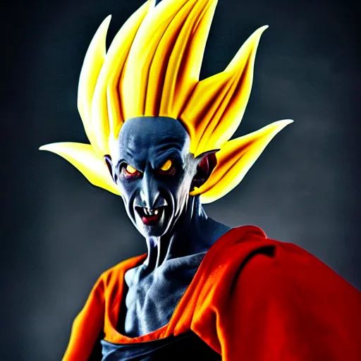 Image similar to portrait of nosferatu as a super saiyan, powering up, correct faces, uhd hyperdetailed photo by annie leibowitz 5 0 mm lens