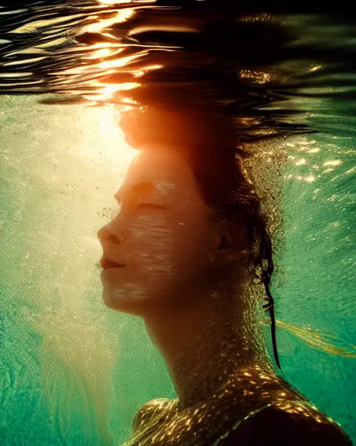 Image similar to photo portrait of woman underwater during sunrise, sunrays, wearing flowing fabric!!, caustics, rippling water, photoshoot, flowing hair, haunting, iconic, fine-art, masterpiece, trending on artstation