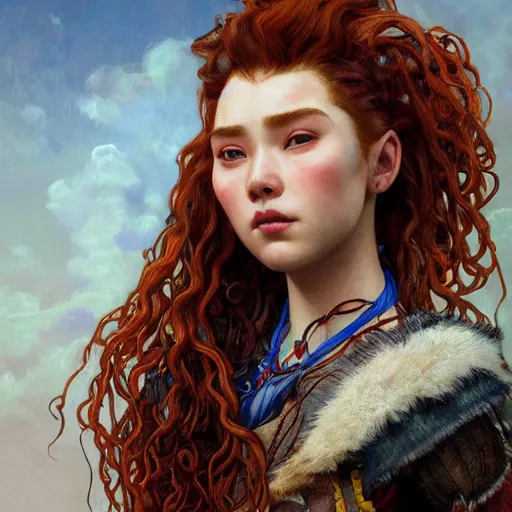 Prompt: Masterpiece head and shoulders Portrait of Aloy from Horizon Zero Dawn with red curly hair drawn by Tom Bagshaw and Donato Giancola, face by Artgerm, overall design by Alphonse Mucha, background by James Jean and Gustav Klimt, light by Julie Bell, 4k, porcelain skin, komorebi, french nouveau, trending on artstation, octane render, hyperrealistic