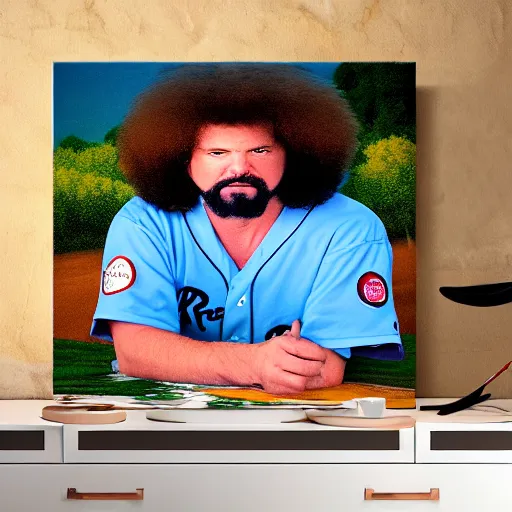 Prompt: a closeup photorealistic photograph of bob ross painting kenny powers dressed in baseball uniform onto a canvas. mountains and trees. film still. brightly lit scene. this 4 k hd image is trending on artstation, featured on behance, well - rendered, extra crisp, features intricate detail, epic composition and the style of unreal engine.