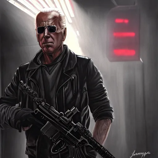 Image similar to joe biden as the terminator, dramatic lighting, cinematic, establishing shot, extremly high detail, photorealistic, cinematic lighting, artstation, style by James Gurney