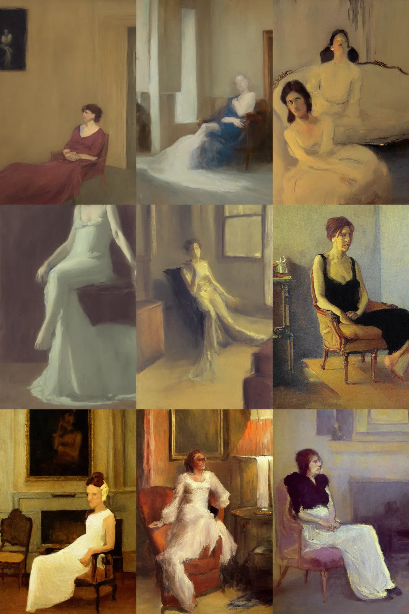 Prompt: a woman is in state of self combustion sitting in an elegant living room, Tonalism Painting style,