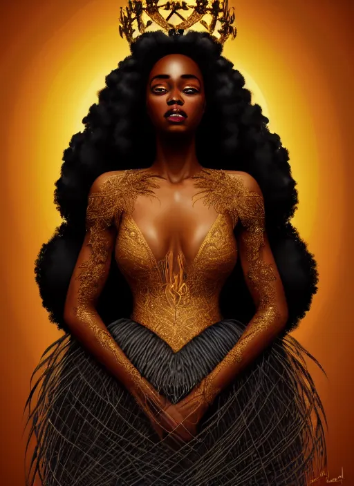 Image similar to full body portrait of beautiful black woman as the swan queen, glowing crown, beautiful flowy feathered gown, beautiful baroque lace detail, highly detailed, digital painting, artstation, concept art, smooth, sharp focus, illustration, face by wlop, illustrated by mars ravelo and greg rutkowski