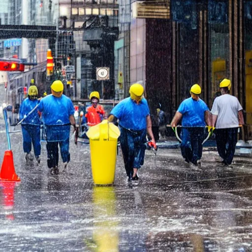 Prompt: a group of cleaners with mops fighting puddles in rainy new york street