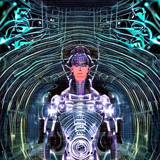 Image similar to a spiritually awakened cyborg wants to help humans free themselves from the chains of mental slavery and authoritarian politicians, surreal technological conceptual art magical cybernetic realism horror visions distopic and utopic art and the same time