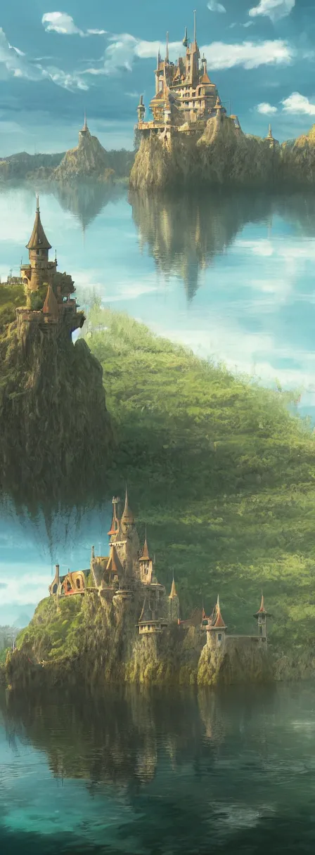 Image similar to a painting of a castle in the middle of a body of water, a detailed matte painting by hayao miyazaki, cgsociety, fantasy art, anime aesthetic, official art, anime