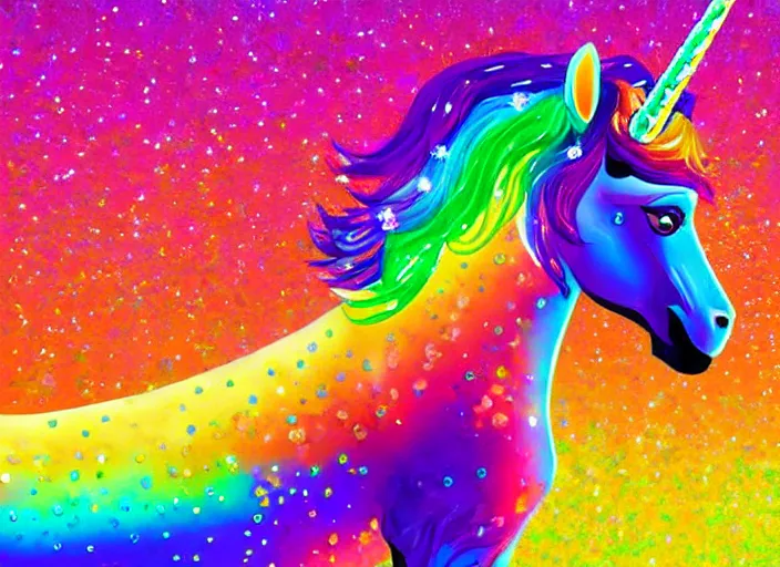Image similar to a unicorn statue made out of diamonds. There is a rainbow in the background. Colorful, realistic digital art
