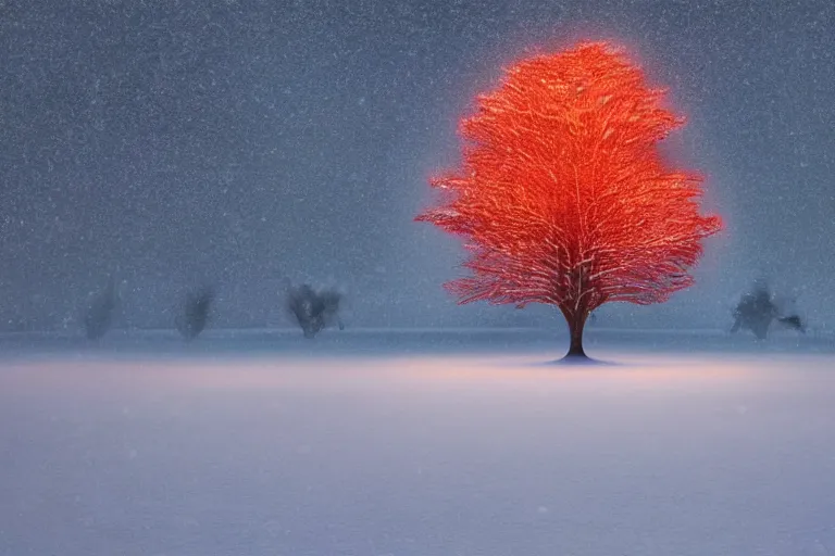 Prompt: a glowing tree made of light on a snow covered field, landscape inspired by salvador dali, a matte painting by li shida, cgsociety, context art, redshift, matte painting, reimagined by industrial light and magic