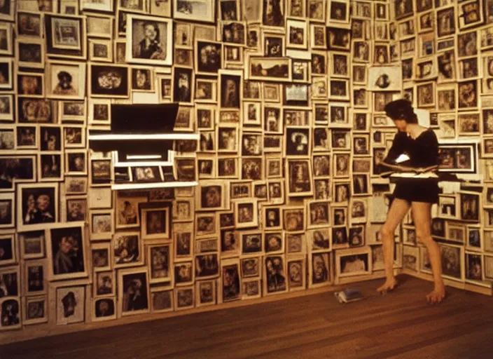 Image similar to realistic photo museum artifact human computer, made of wooden fragments levitating in the living room wooden walls 1 9 9 0, life magazine reportage photo