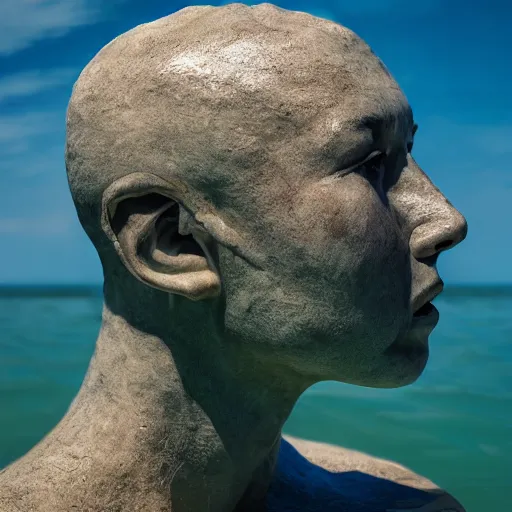 Image similar to a giant sculpture of water in the shape of a human head, on the ocean water, cinematic, in the style of johnson tsang, long shot, hyper detailed, hyper realistic, ray tracing, 8 k resolution, sharp focus, realistic water, award winning