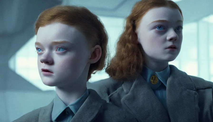 Image similar to sadie sink with military cut hair in oversized man's coat : a still from a scifi soviet cyberpunk film from 1 9 8 0 s. by steven spielberg and james cameron. 6 5 mm low grain film stock. sharp focus, realistic facial expression, perfect anatomy, global illumination, radiant light, detailed and intricate environment, trending on artstation