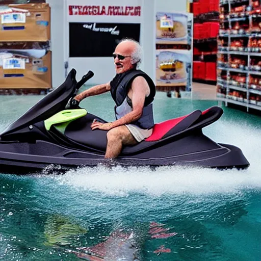 Prompt: Larry David riding a jetski in costco