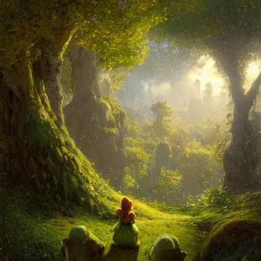 Prompt: shrek shrek shrek a giant big tall tree lush with leaves and branches, and shrek, with a big window up in the canopy, someone is inside the window looking out to the milky way. highly detailed painting by gaston bussiere, greg rutkowski 8 k