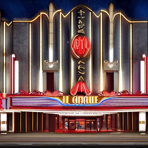 Prompt: incredible image of art deco palace movie theater from outside at night, luxury, hyper detail, hyper real,