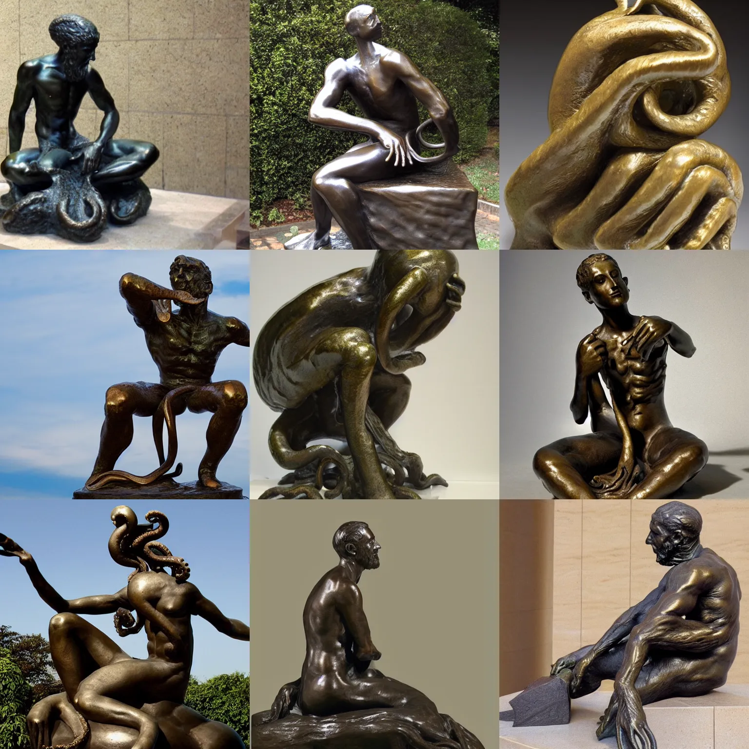 Prompt: A Bronze statue of an octopus who ponders creation by Rodin