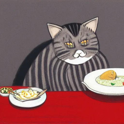 Image similar to Fat, cute grey striped cat in a suit eating ramen, busy restaurant, ukyio-e, painting by Koson Ohara, details, 4K, 8K