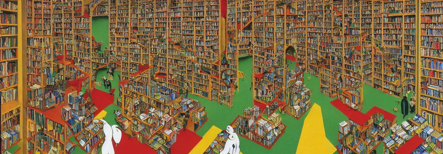 Image similar to a book store, customers are rabbit, by m. c. escher, yellow, green, red, snowy, ultra sharp, ultra detailed, happy, uplifting, colorized by salvador dali