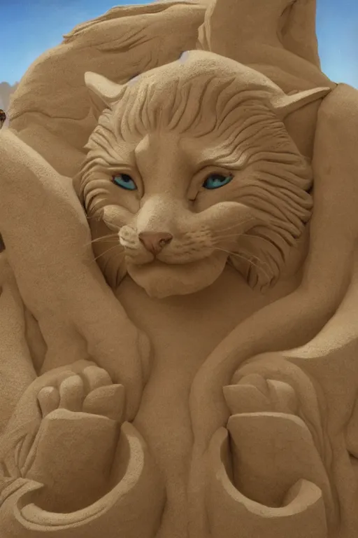 Image similar to a detailed sand sculpture of a godly cat, unreal engine 5, elegant, painted by gaston bussiere, hyper realism, artistic, dramatic lighting