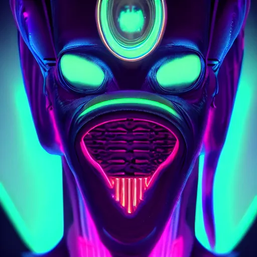 Image similar to synthwave alien face with neon tattos, detailed face, sharp focus, synthwave art, aesthetic, octane render, raw, cinematic