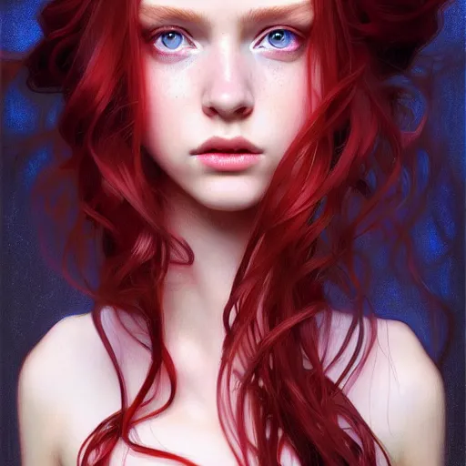 Image similar to portrait of teenage girl with long glossy red hair, blue eyes, glowing skin, fashion model features, fantasy, intricate, elegant, dress shirt and tie, highly detailed, digital painting, artstation, concept art, smooth, sharp focus, illustration, art by Krenz Cushart and Artem Demura and alphonse mucha