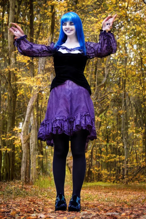 Prompt: full - length photo, young woman, gothic clothes, blue stockings, smiling at camera, 4 k, colourful