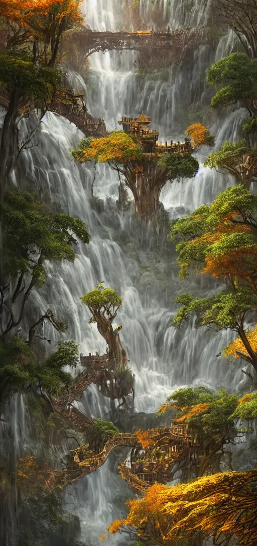 Image similar to wooden elven City with golden roofs, arches and bridges on top of a WATERFALL in the fall, gnarly trees, lush vegetation, forrest, a small stream runs beneath the waterfall, landscape, raphael lacoste, eddie mendoza, alex ross, john howe, concept art, matte painting, highly detailed, rule of thirds, dynamic lighting, cinematic, detailed, denoised, centerd, clean render