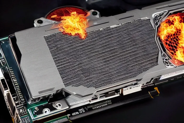 Image similar to an Nvidia GeForce RTX 3090 GPU that has caught on fire, GeForce RTX 3090 on fire, nvidia promotional image