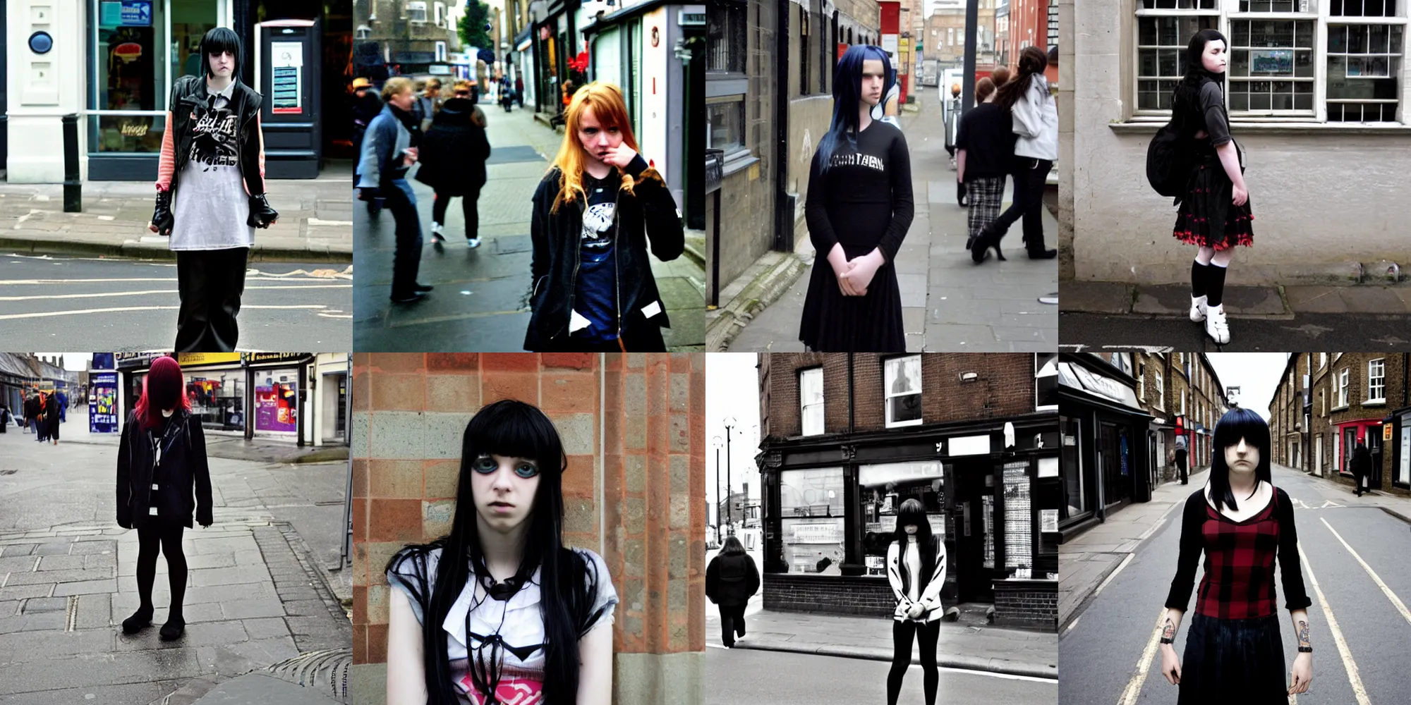 Prompt: An emo girl loitering around a British high street, 2006