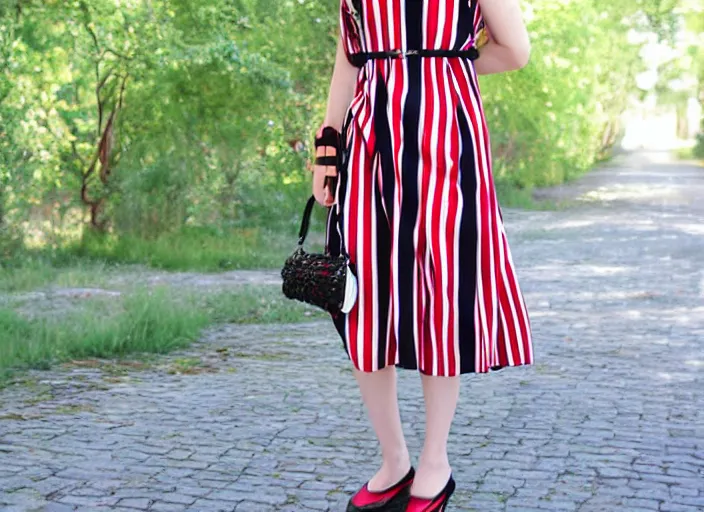 Image similar to “ silk dress, red stripes, black polka dots, model ”