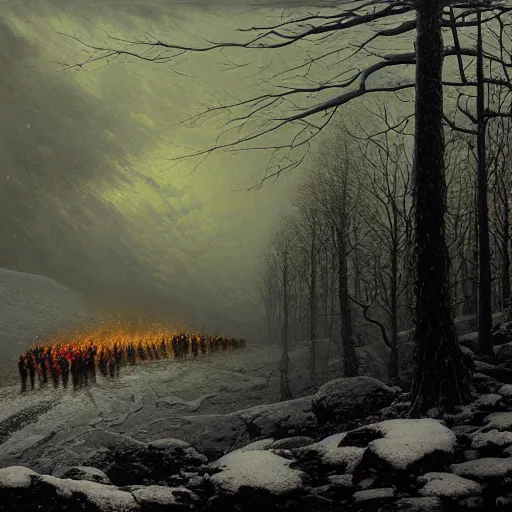 Image similar to a beautiful painting of group of climbers, extreme cold, storm, octane rendering, grim, dark, gloomy, cruel, volumetric lightning, hyperrealism, no blur, 4 k resolution, ultra detailed, style of john atkinson grimshaw, ivan shishkin, tyler edlin, scott listfield, eric zener