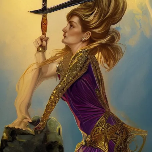 Prompt: a beautiful painting of Princess Diana holding a greatsword above her head, fantasy, art nouveau, golden hour, artstation