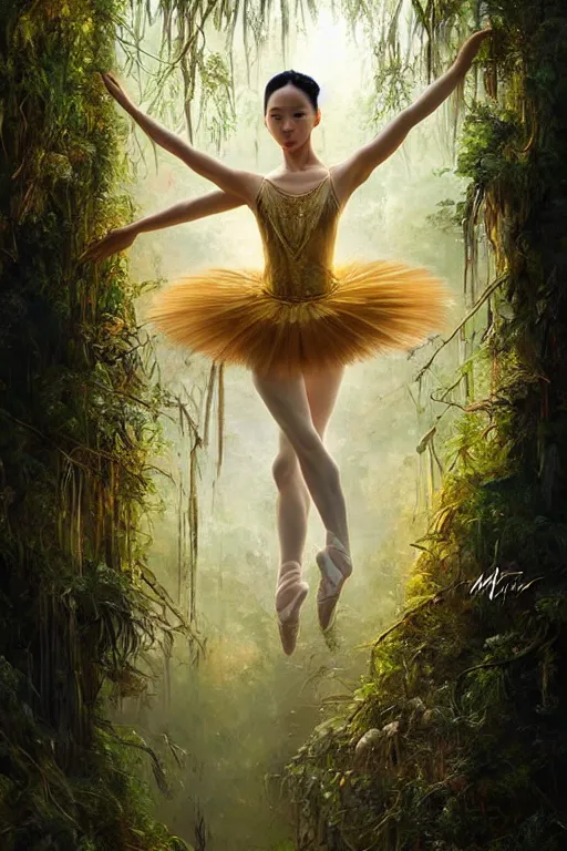 Image similar to stunningly beautiful, asian prima ballerina in jungle, symmetrical face, golden hour, smooth, focus, highly detailed, hyper realistic, dramatic lighting, elegant, intricate, concept art, art by wlop, mars ravelo, greg rutowski