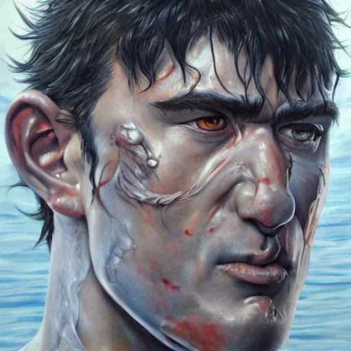 Image similar to Hyper-realistic painting of Guts From Berserk in water painted by Mike Dargas