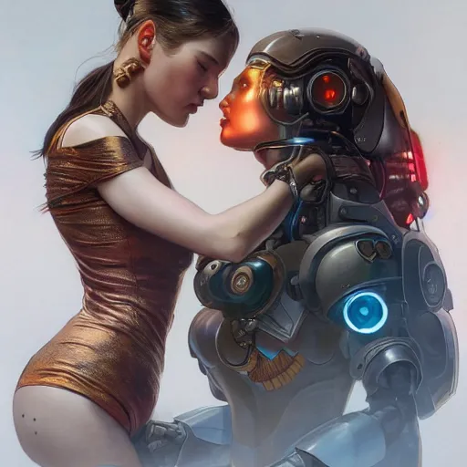 Image similar to Ultra realistic illustration, two women kissing a robot, cyberpunk, sci-fi, fantasy, intricate, elegant, highly detailed, digital painting, artstation, concept art, smooth, sharp focus, illustration, art by artgerm and greg rutkowski and alphonse mucha