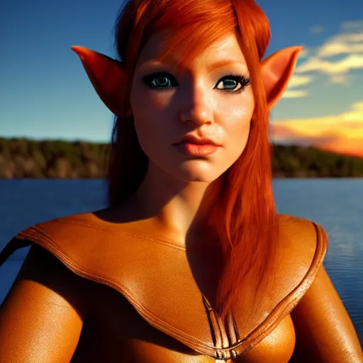 Image similar to beautiful female redhead elf warrior wearing tanned leather, sitting next to a beautiful lake at sunset, enjoying the wind, looking at the water. 8 k ultra realistic, award winning, unreal engine 5, masterpiece, atmosphere glow, hyperrealistic, focused, extreme details, cinematic