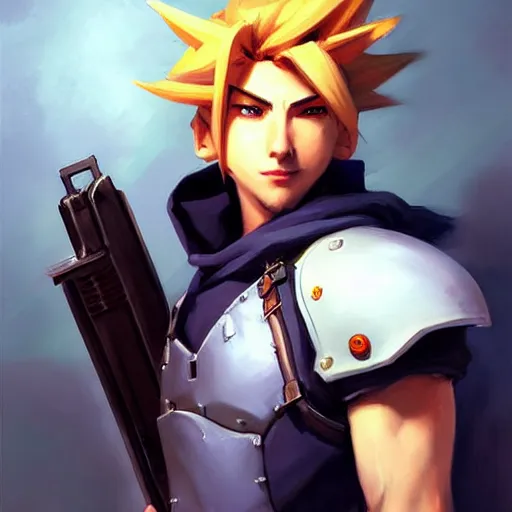 Image similar to Greg Manchess portrait painting o Cloud Strife as Overwatch character, medium shot, asymmetrical, profile picture, Organic Painting, sunny day, Matte Painting, bold shapes, hard edges, street art, trending on artstation, by Huang Guangjian and Gil Elvgren and Sachin Teng