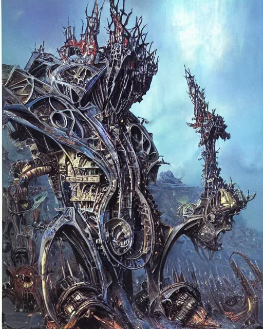 Image similar to biomechanical warhammer final boss, art by bruce pennington