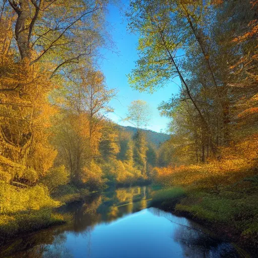 Image similar to river in a forest, golden hour, ray tracing reflection, 8k, hyper realistic, insainly detailed, hdr, octan render,