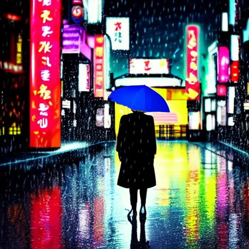 Image similar to a woman holding an umbrella, walking down the streets of tokyo, with neon signs, while it's raining. cinematic lighting, digital art. award winning.