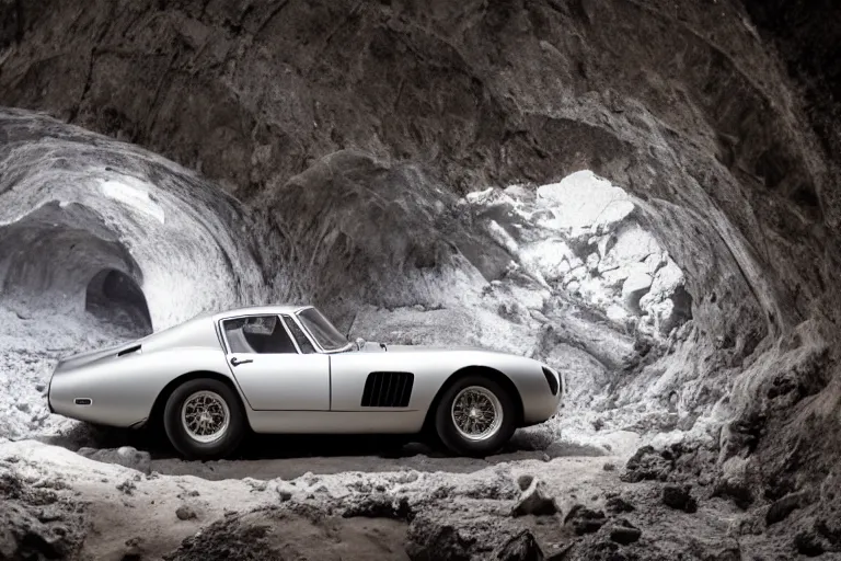 Prompt: cinematography of Ferrari 250 GTO series 2 in a glacier cave by Emmanuel Lubezki