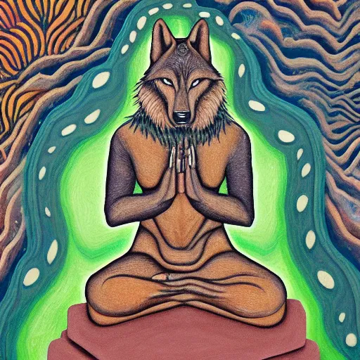 Image similar to an anthromorphic wolf man meditating in a zen garden, by amanda clark and amanda sage in a psychedelic style, oil on canvas