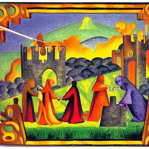 Prompt: medieval monks dancing around bonfire, knights and king at the top of the castle, farmers working in the field, large field of view landscape, fire fills the sky, Artwork by Jean Metzinger