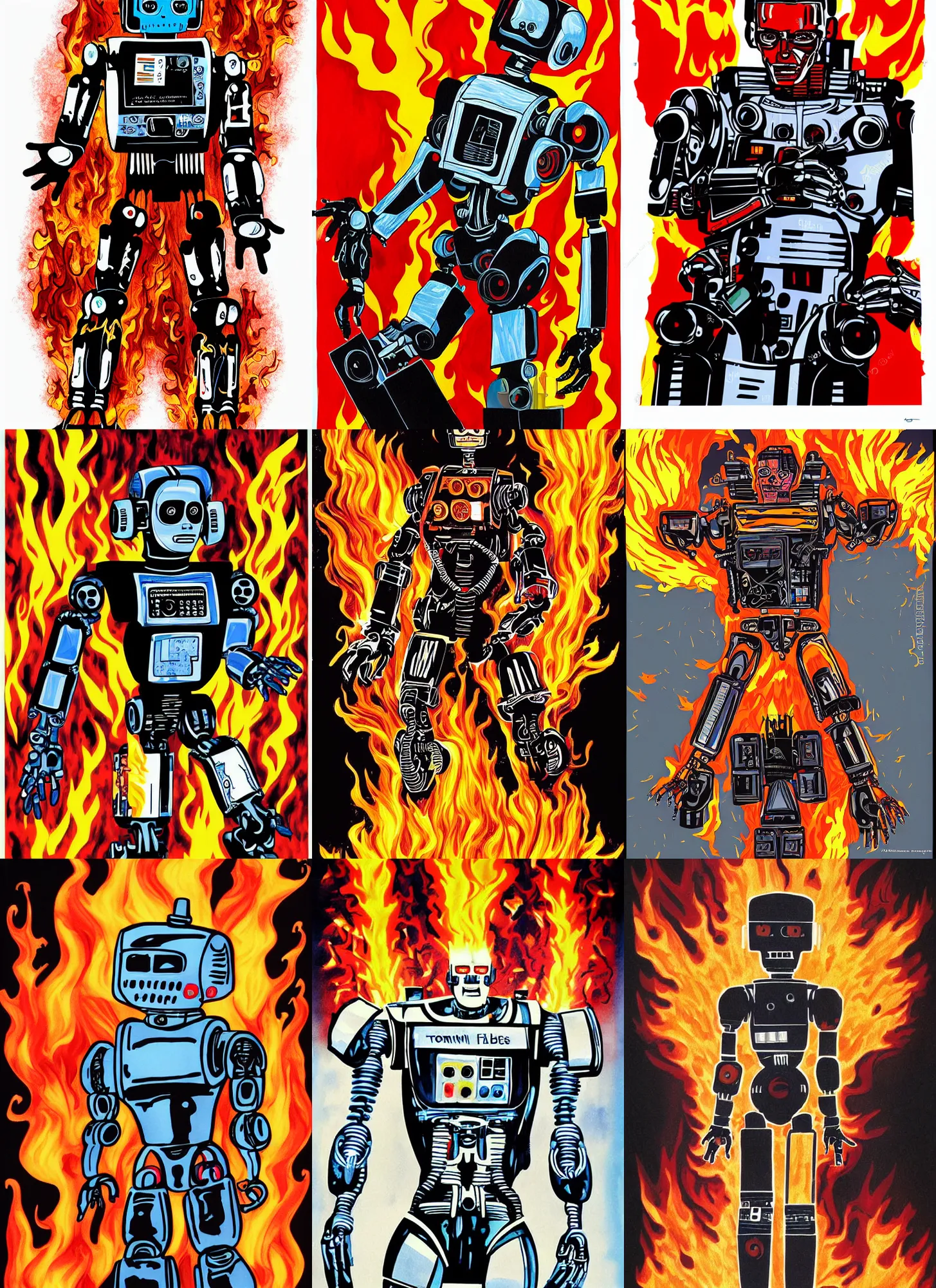 Prompt: flat color marker painting humanoid terminator robot covered in flames, movie poster