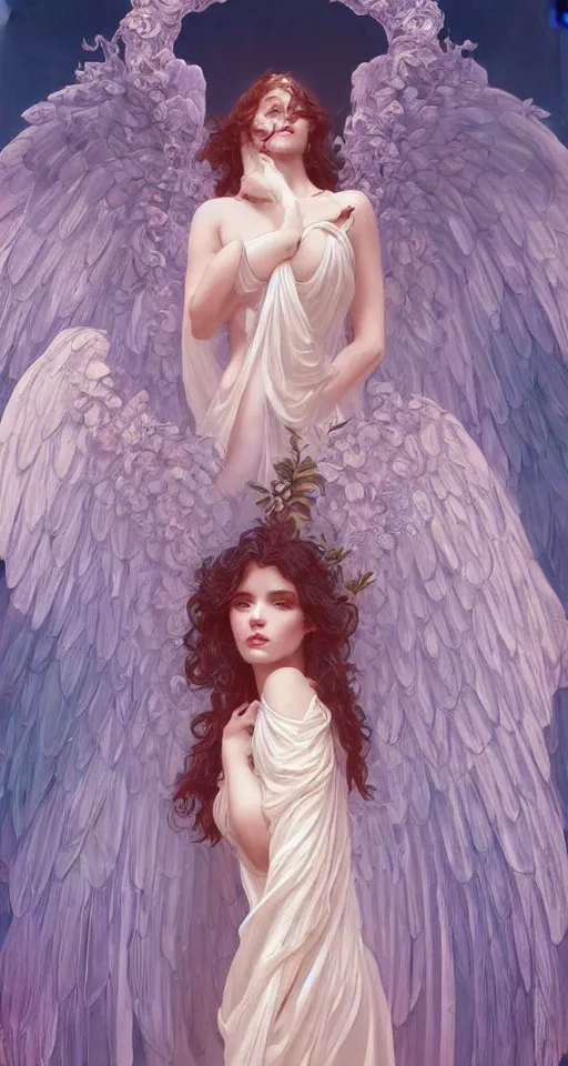 Image similar to beautiful young woman vaporwave aesthetic, synthwave, intricate, elegant, highly detailed, digital painting, wearing long gown, angelic wings, artstation, concept art, smooth, sharp focus, illustration, art by artgerm and greg rutkowski and alphonse mucha