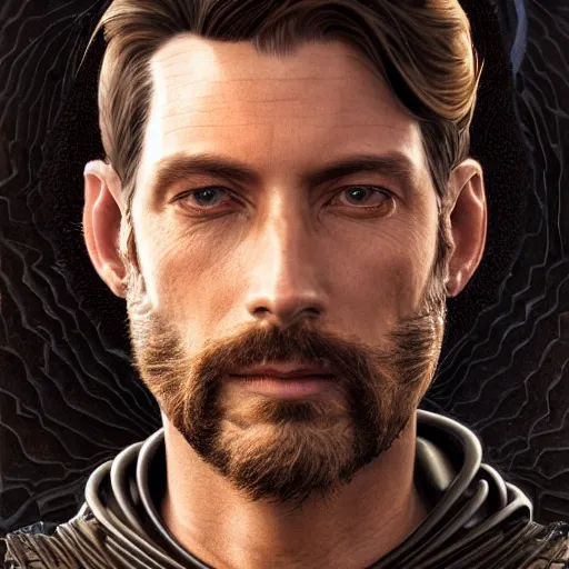 Image similar to sci - fi portrait of paul atreides by jean delville and mickelangelo, baroque, intricate, hyperealistic, photoreal, 8 k resolution, highly detailed, proffesional illustration, high contrast, ambient occlusion, octane render, unreal engine 5