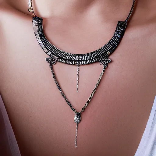 Image similar to necklace helen of troy on a young beautiful woman neck, hyper realistic,