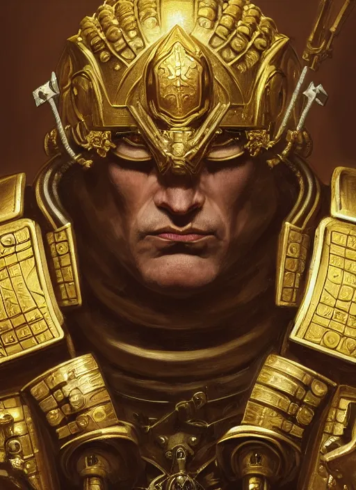 Image similar to putin as warhammer 4 0 k emperor, gold, portrait, intricate, elegant, highly detailed, digital painting, artstation, concept art, wallpaper, smooth, sharp focus, illustration, art by h. r. giger and artgerm and greg rutkowski and alphonse mucha